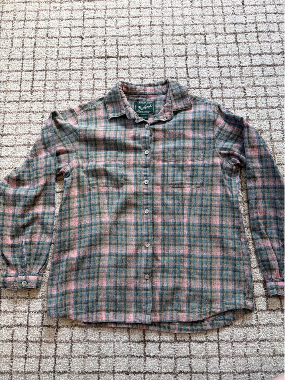 Woolrich Women's Plaid Button-Up Flannel Green Pink outdoors granola cozy cabin